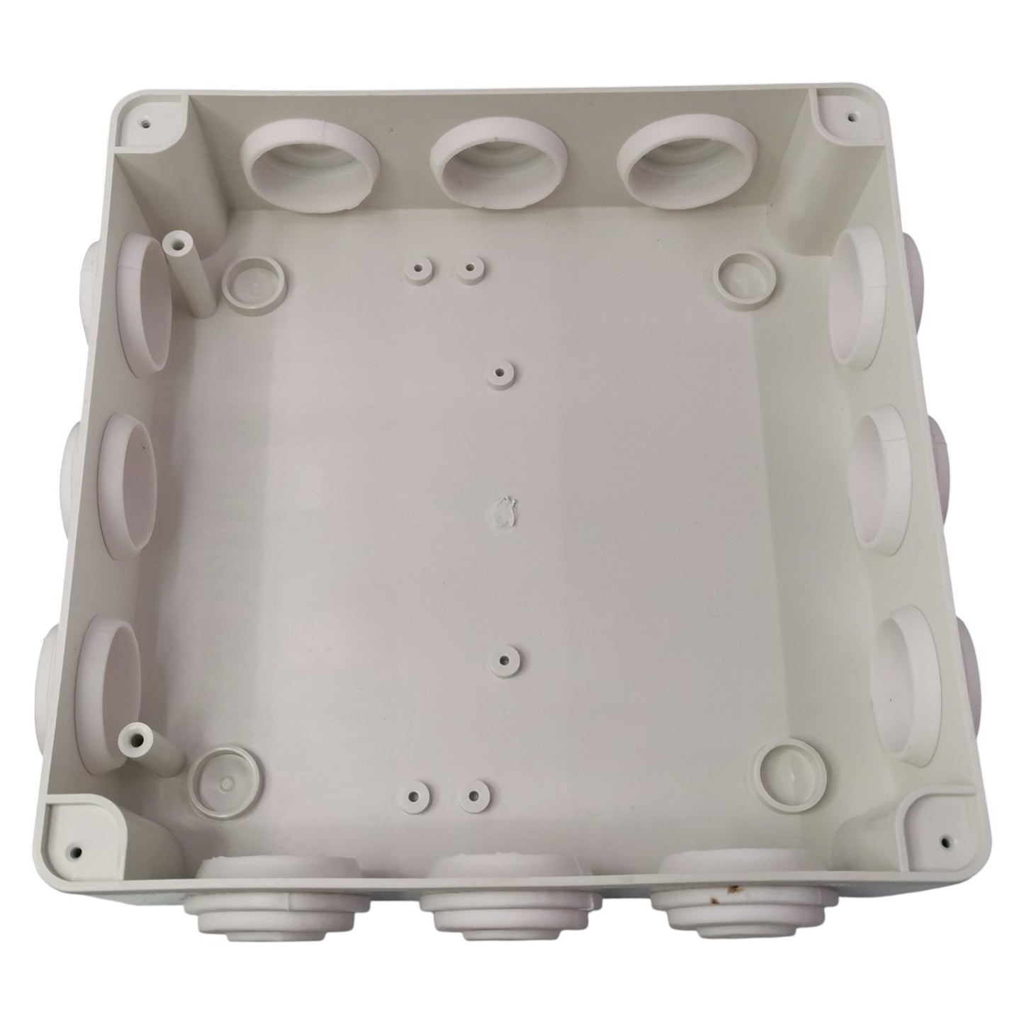 Gray plastic junction box with multiple holes on a white background
