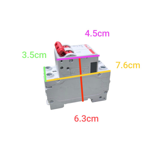 Electrical breaker with dimensions marked on a white background