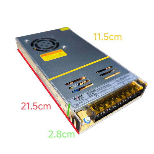 Power supply module with dimensions labeled on a white background