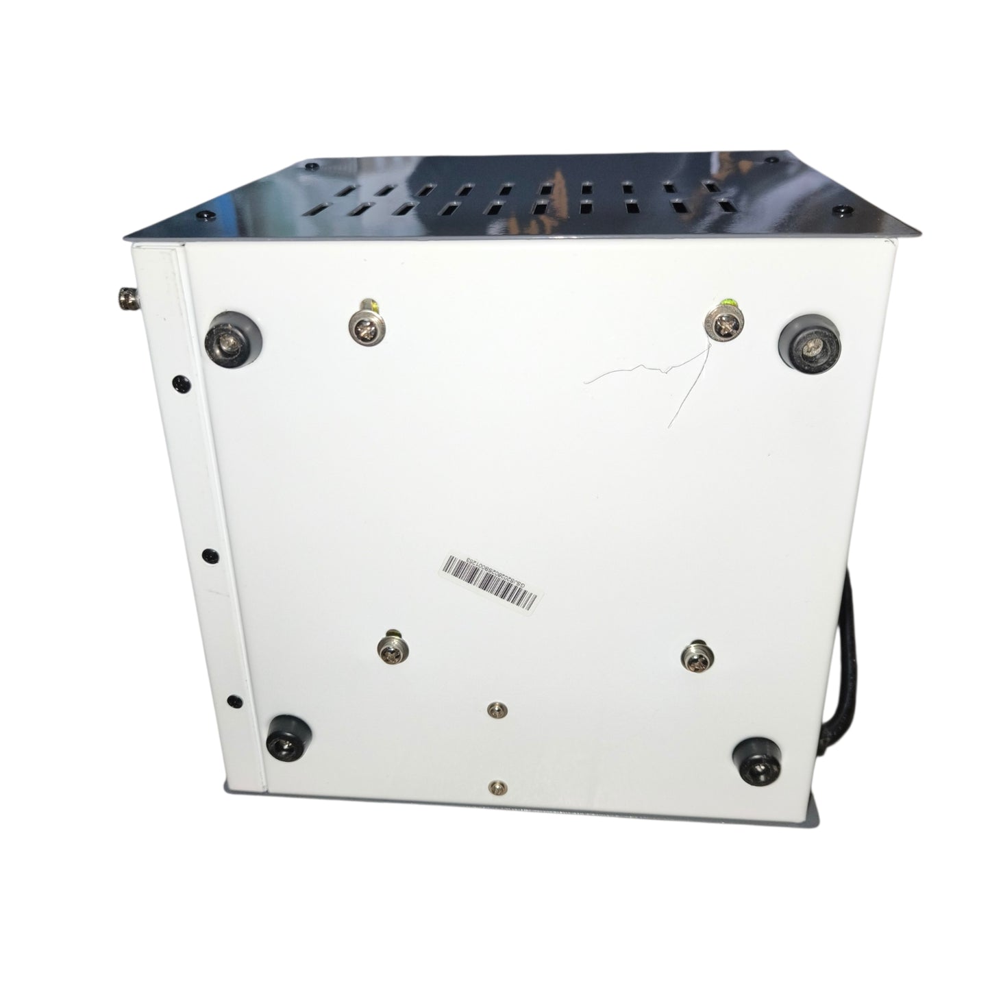 Back view of a metal box with various components on a white background