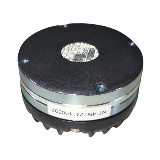 Round metal component with black and silver finish on a white background