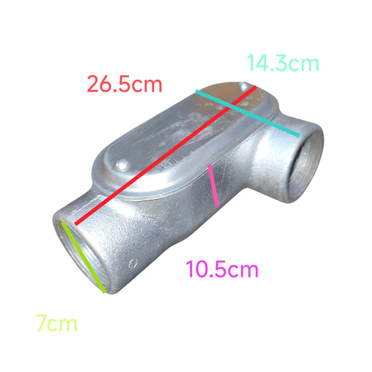 Metal pipe fitting with measurements marked on a white background