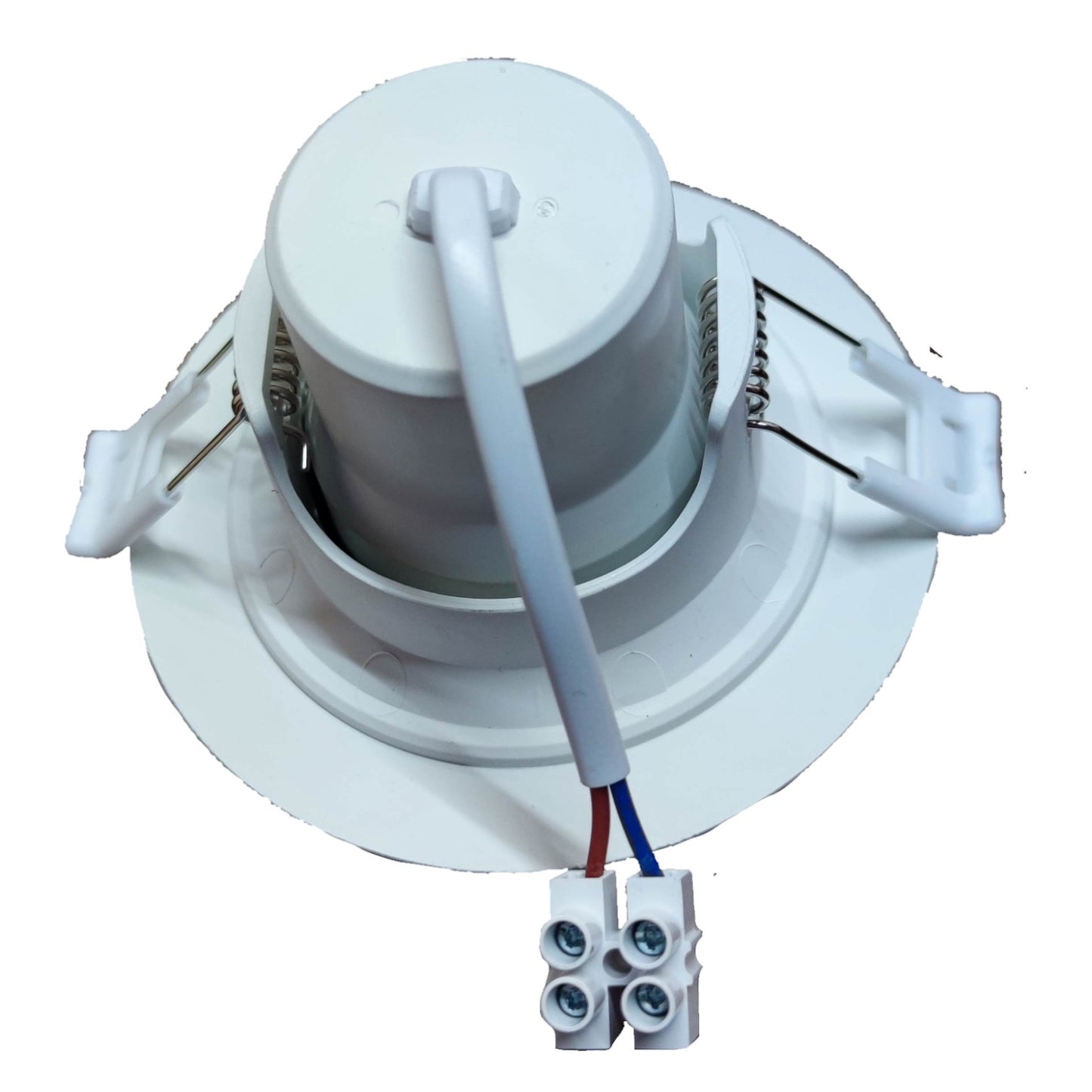 White ceiling light fixture with wiring on a white background