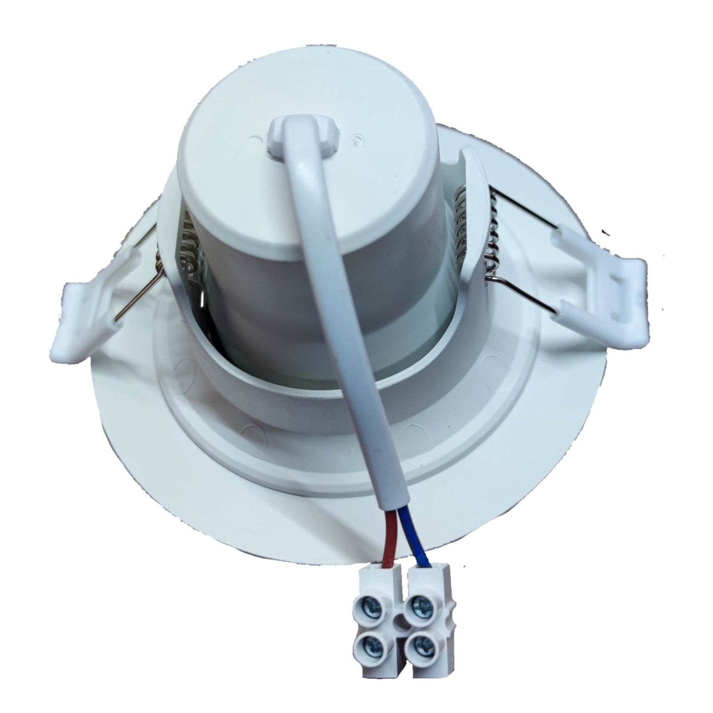 White ceiling light fixture with wiring on a white background