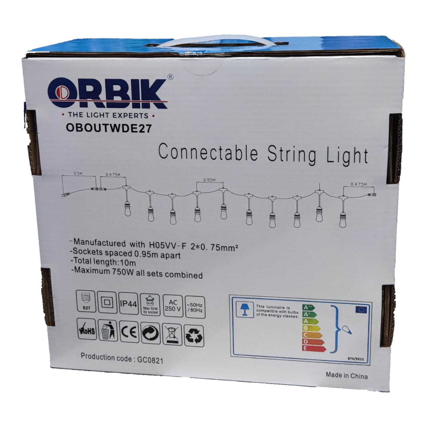 Orbik String Lights E27 1W LED Warm White 30 Feet Weather Proof OBOUTWDE27 Outdoor String Light 10 Sockets with 1W LED Warm White