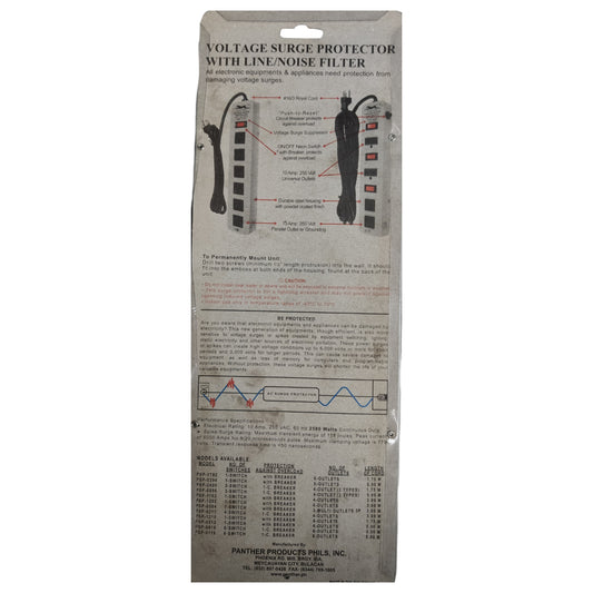 Voltage surge protector packaging with technical details on a white background Panther Extension Cord 6 Gang Flat Pin with Ground PSP-0394 5 Meters 1.25mm Wire and Switch with Voltage Surge Protection and Line Filter 2500W Electx Electrical Supply