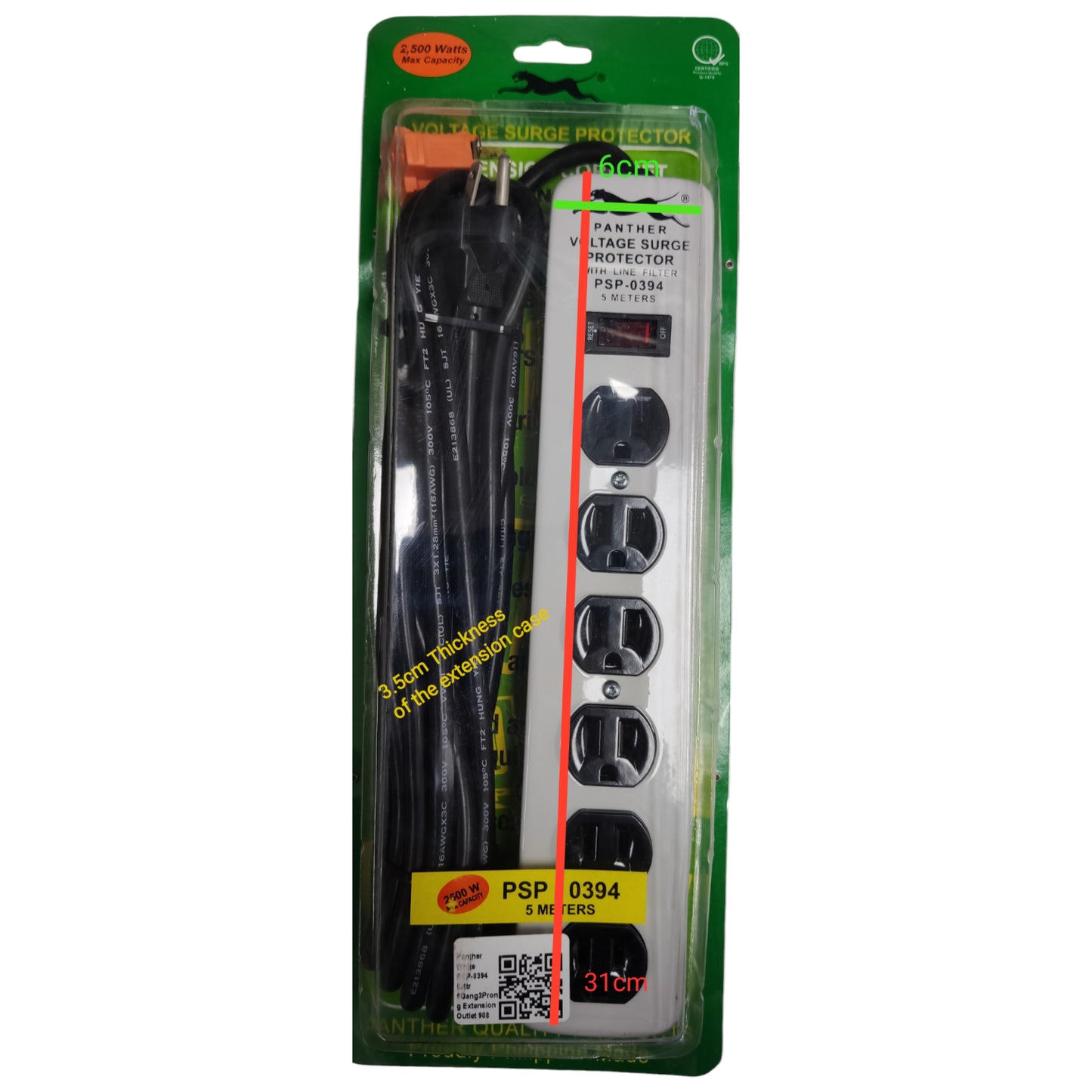 Power strip with surge protector in packaging on a white background Panther Extension Cord 6 Gang Flat Pin with Ground PSP-0394 5 Meters 1.25mm Wire and Switch with Voltage Surge Protection and Line Filter 2500W Electx Electrical Supply