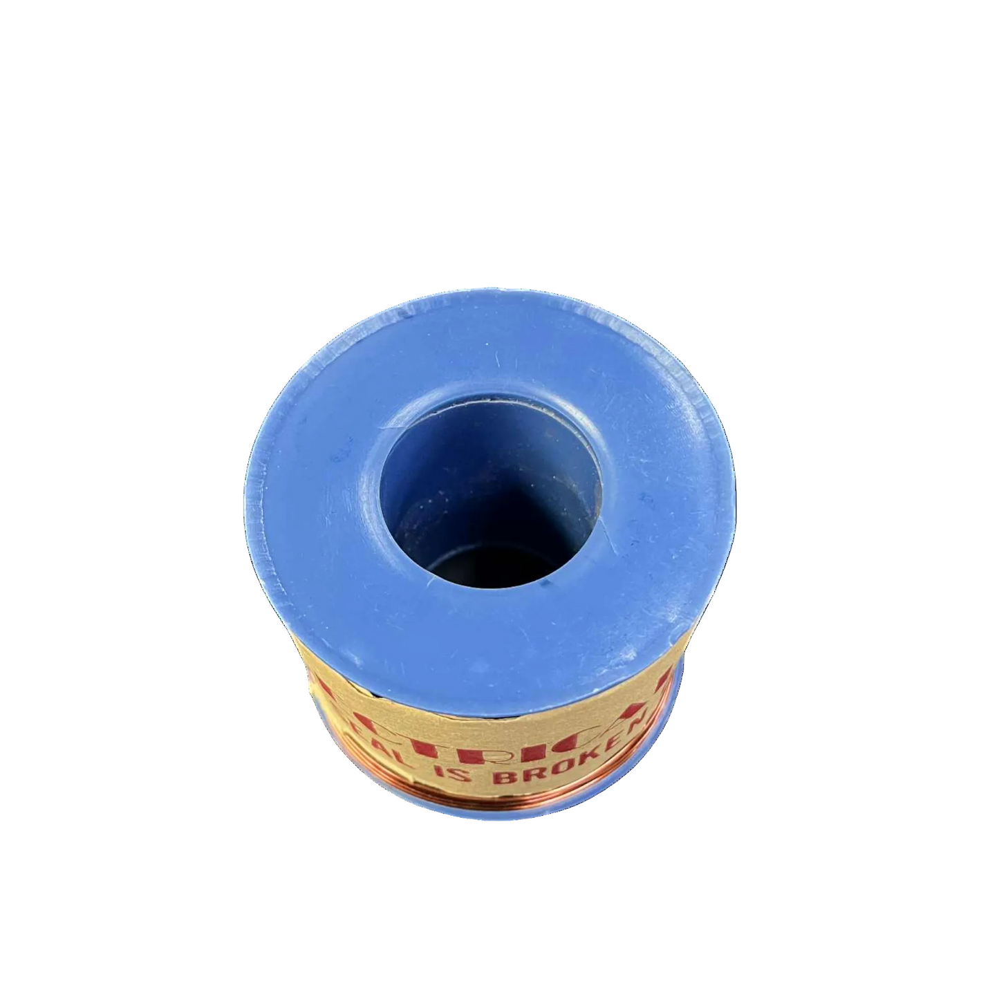 Blue spool of thread with a white background