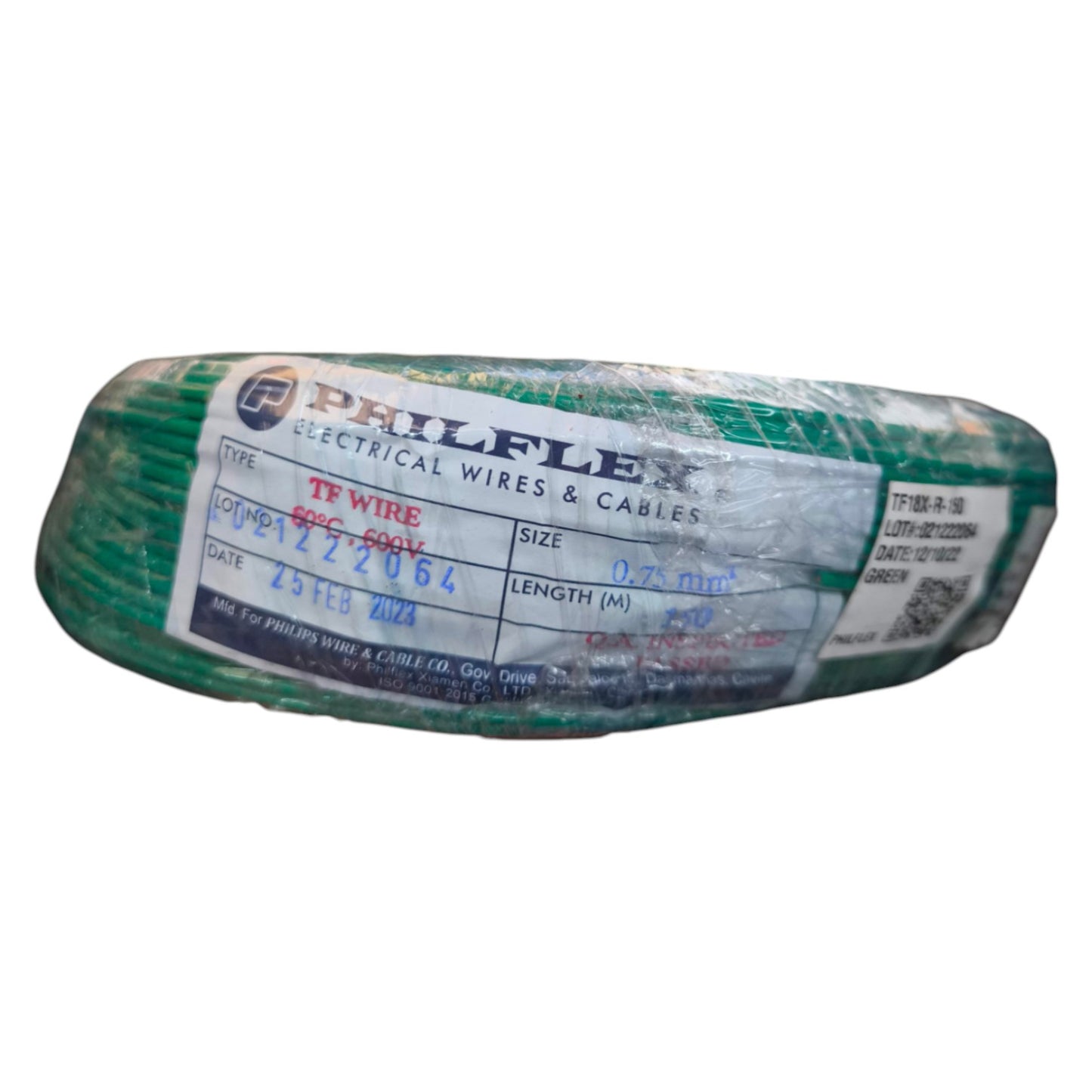 Spool of Philflex electrical wires with a label on a white background