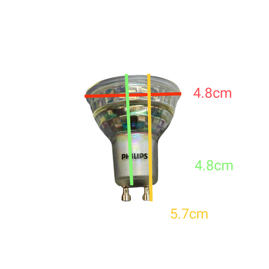 Philips light bulb with measurements on a white background
