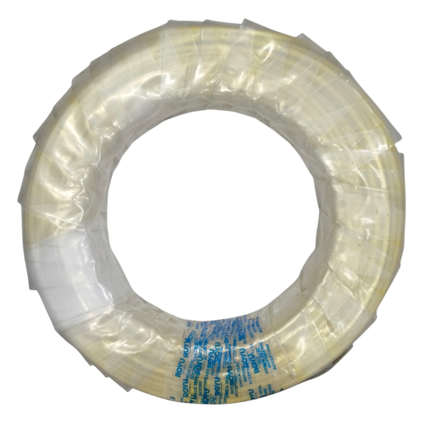 Clear plastic tube with blue text on a white background
