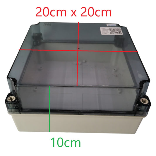 Clear plastic box with dimensions labeled on a white background