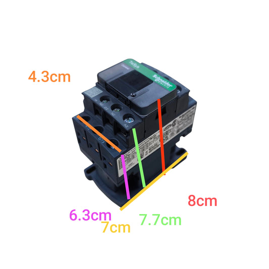 Electrical contactor with dimensions labeled on a white background Schneider Magnetic Contactor GRAY 18A 220V Coil LC1D18M7, LC1D18