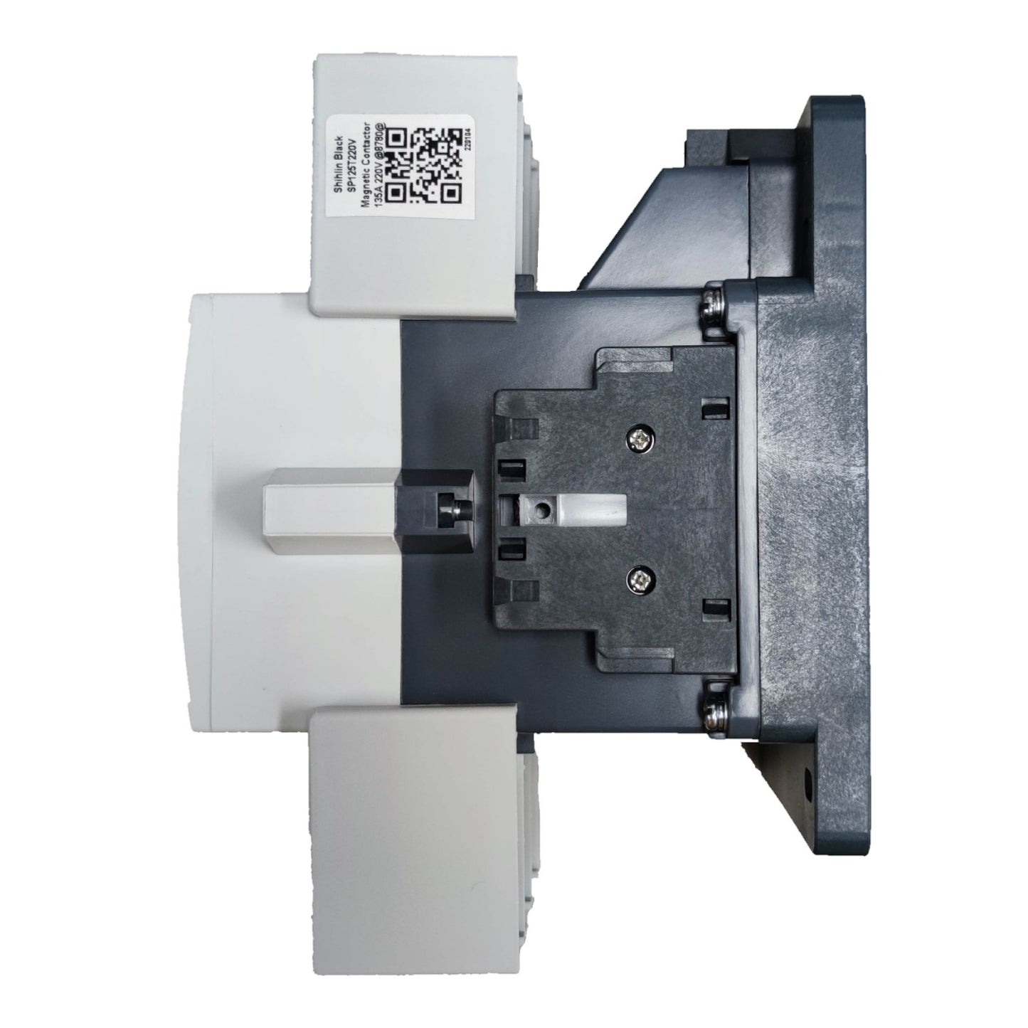 Mechanical component with a QR code label on a white background