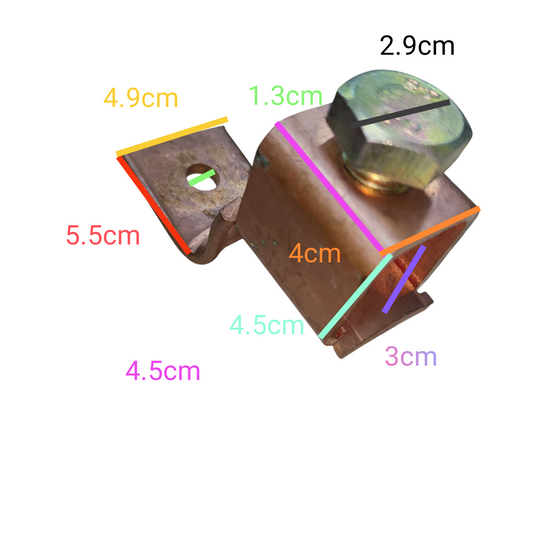 Metal bracket with dimensions labeled on a white background Solderless Terminal Lugs 380mm - 500mm Wire Size Copper, SA-650 Electx Electrical Supply