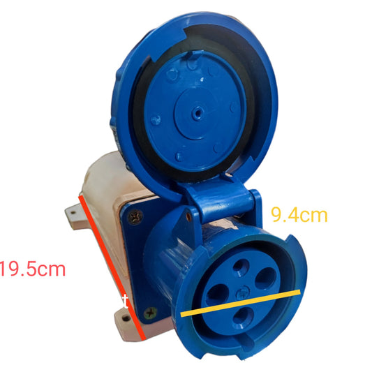 Blue mechanical component with measurements on a white background