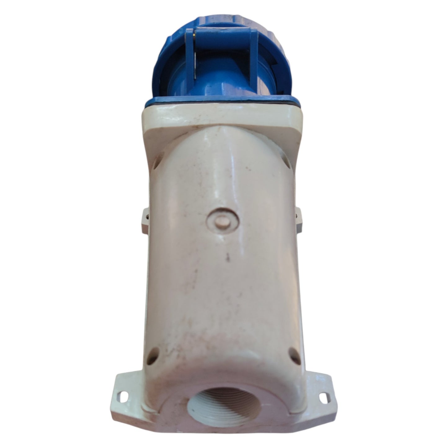 Mechanical component with blue top and white body on a white background