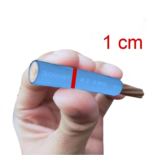 Hand holding a cable with labeled dimensions on a white background