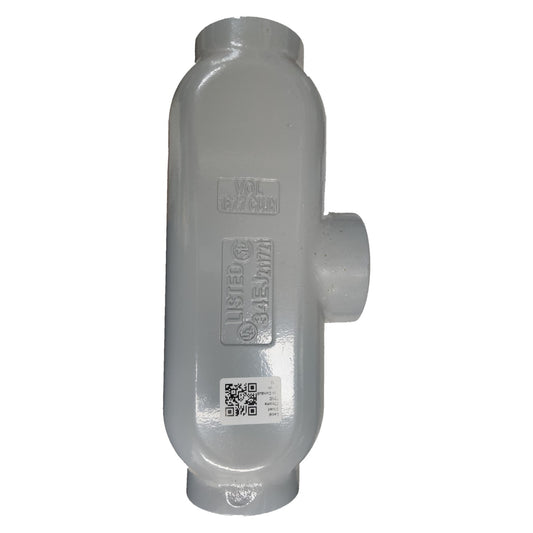 Gray plastic plumbing fitting with branding on a white background