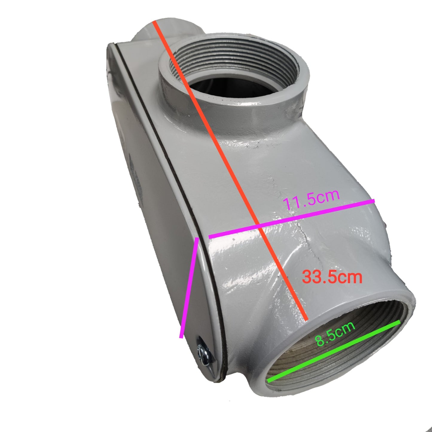 Metal pipe fitting with measurements on a white background