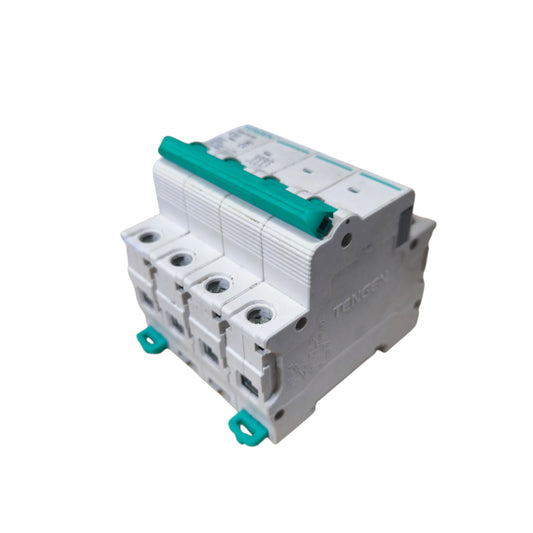 Electrical circuit breaker with green accents on a white background
