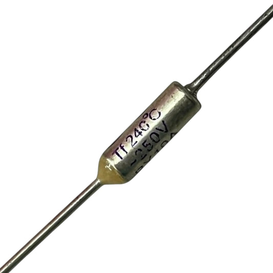 Metallic cylindrical component with two leads on a white background