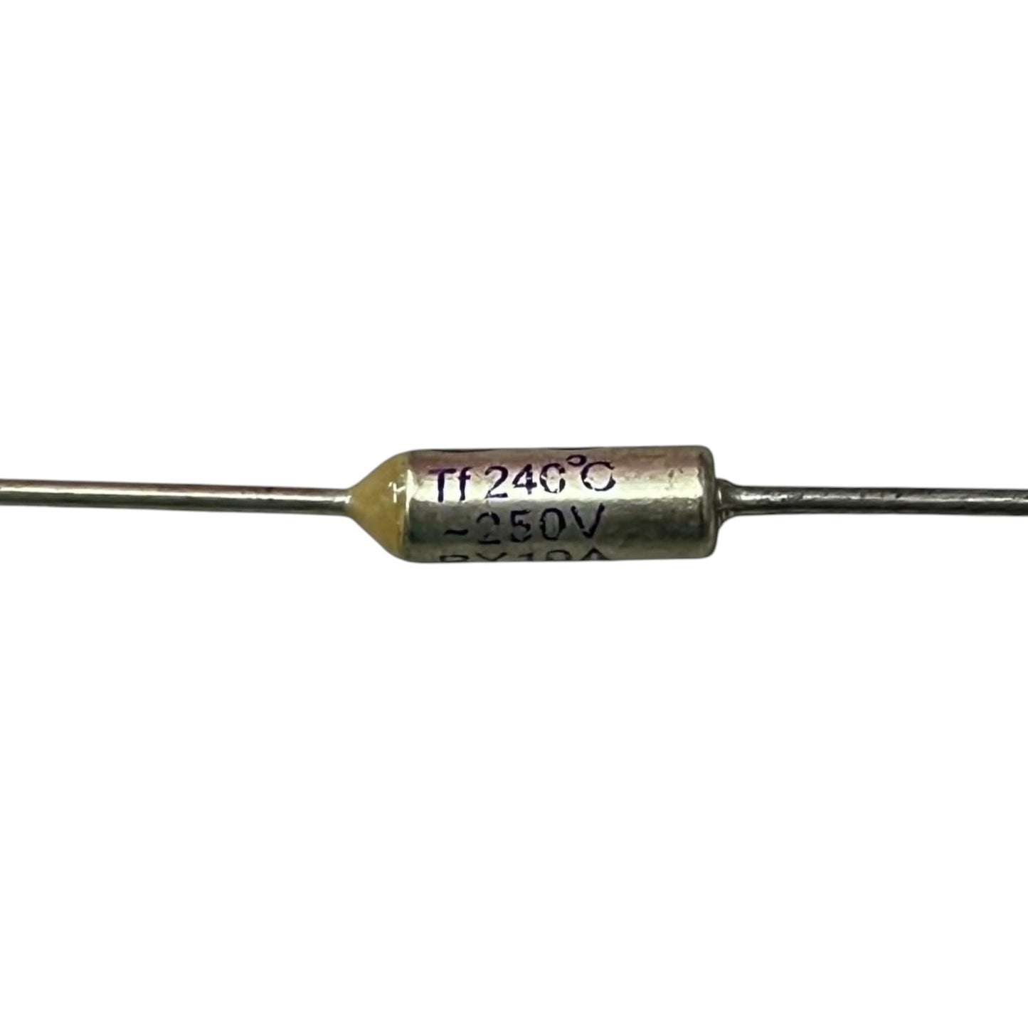 Metallic resistor with labeled temperature and voltage on a white background