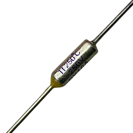 Metallic cylindrical component with two leads on a white background