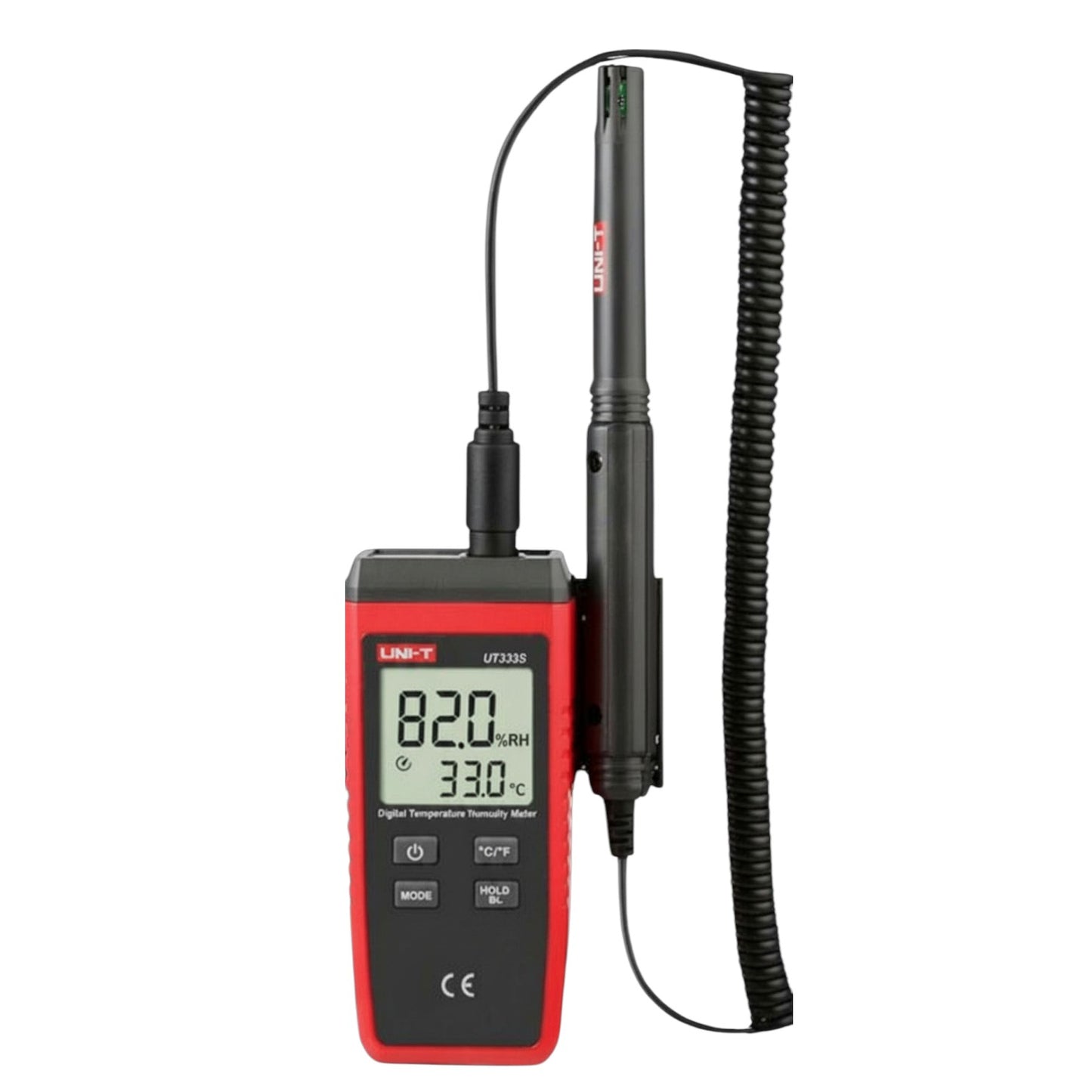Digital temperature humidity meter with a black hose on a white background UNI-T Digital Humidity Tester UT333S Range Capacity -10 to 60 Degrees Celsius Max RH 0 to 100% Electx Electrical Supply
