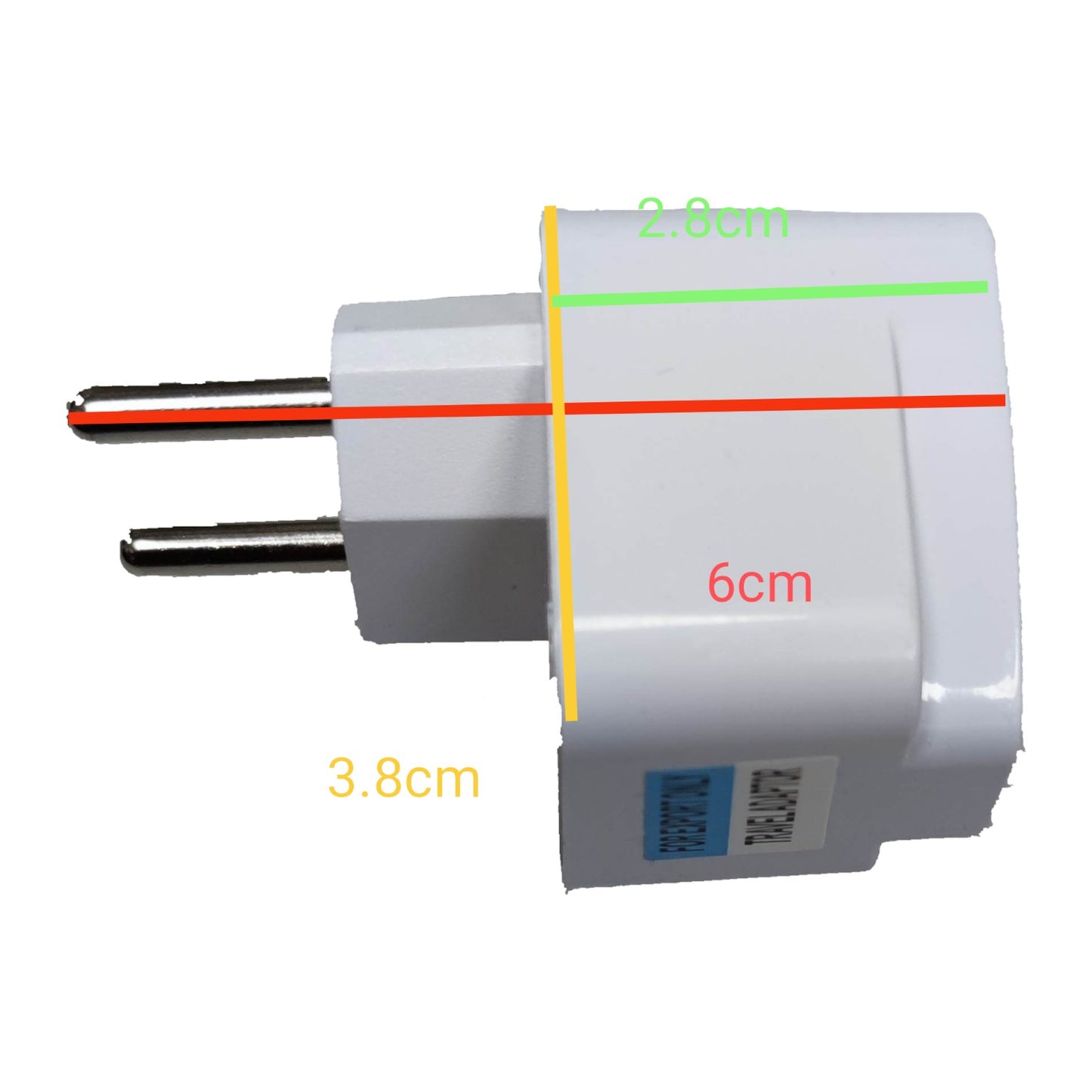 White electrical plug with measurements indicated on a white Universal Travel Adaptor to Type C Plug with Extension, Adaptor for South America, Asia and Europe Electx Electrical Supplybackground