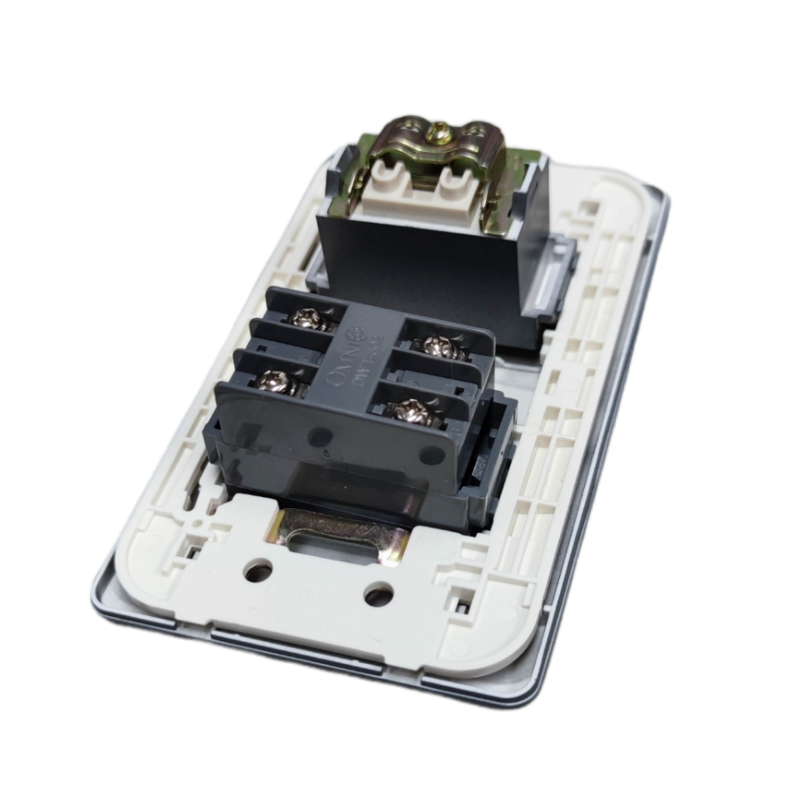Omni wall switch assembly showing mounting bracket wiring terminals and graphite finish electrical outlet plate