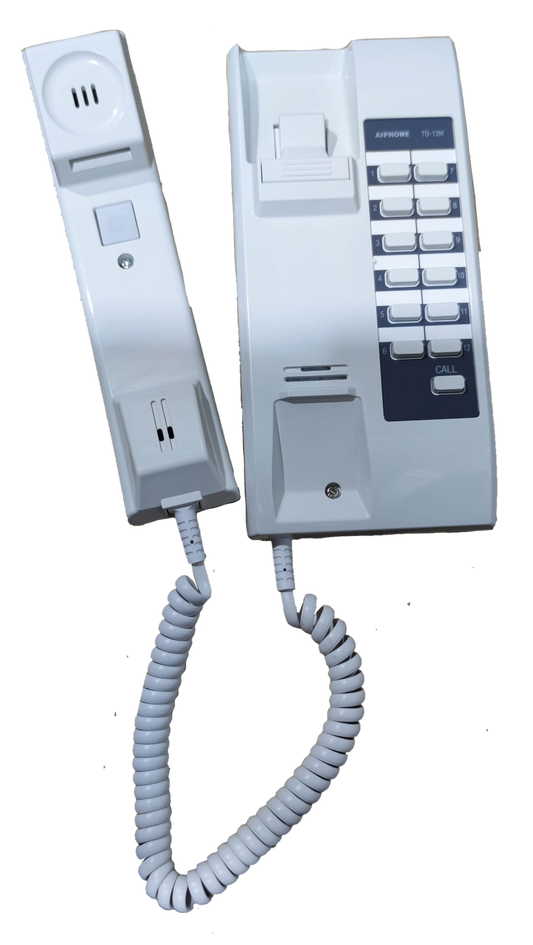 Aiphone 12 station intercom system with white handset and keypad for secure communication