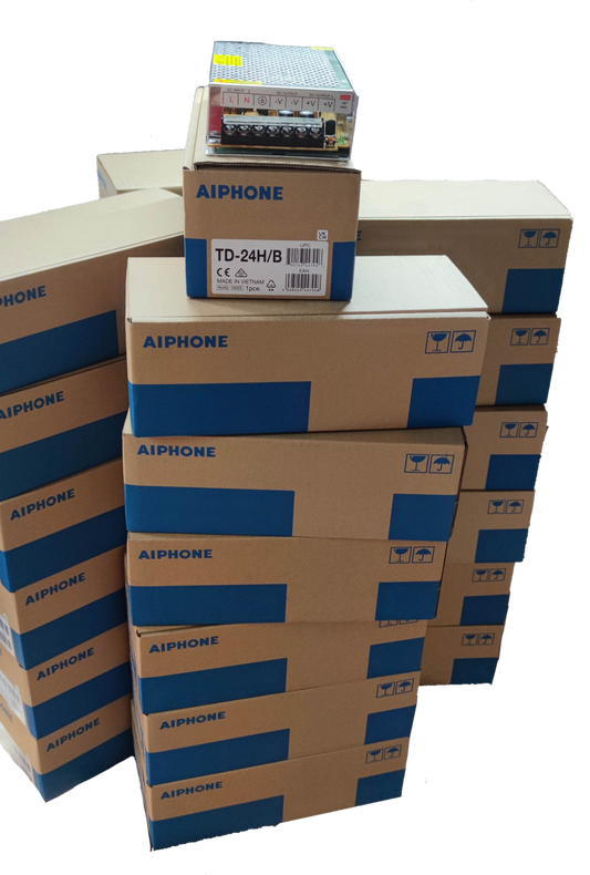 Aiphone 24 Sub station intercom system with multiple boxed units stacked for security installation