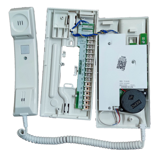 Open Aiphone 6 station intercom showing internal wiring and handset for security system