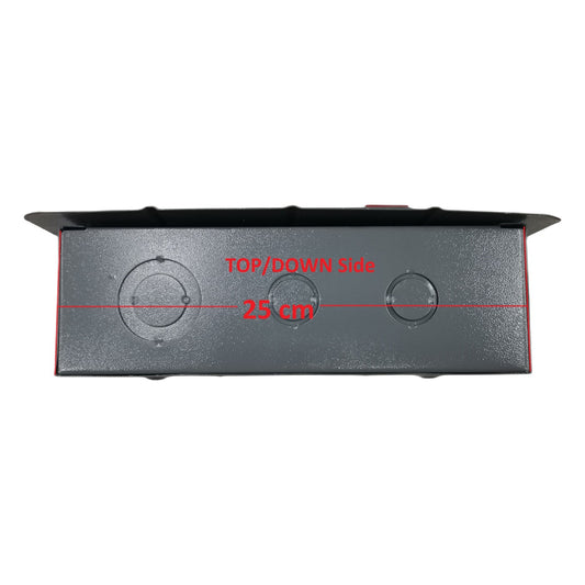 Top view of a 2x2 panel board for GE breakers with circular knockouts for wiring access