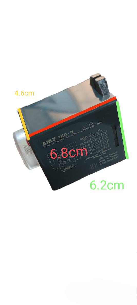 Anly Star Delta Timer TRD-N front panel unit showing labeled dimensions 6.8cm 6.2cm and 4.6cm for motor control