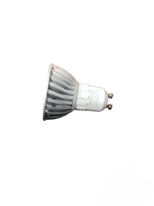 Biglite 3W LED MR16 GU10 bulb with silver heat sink and white base for energy-efficient lighting
