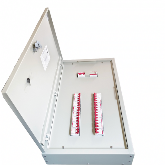 Himel 16 branch circuit breaker panel in gray metal enclosure with open door showing circuit breakers