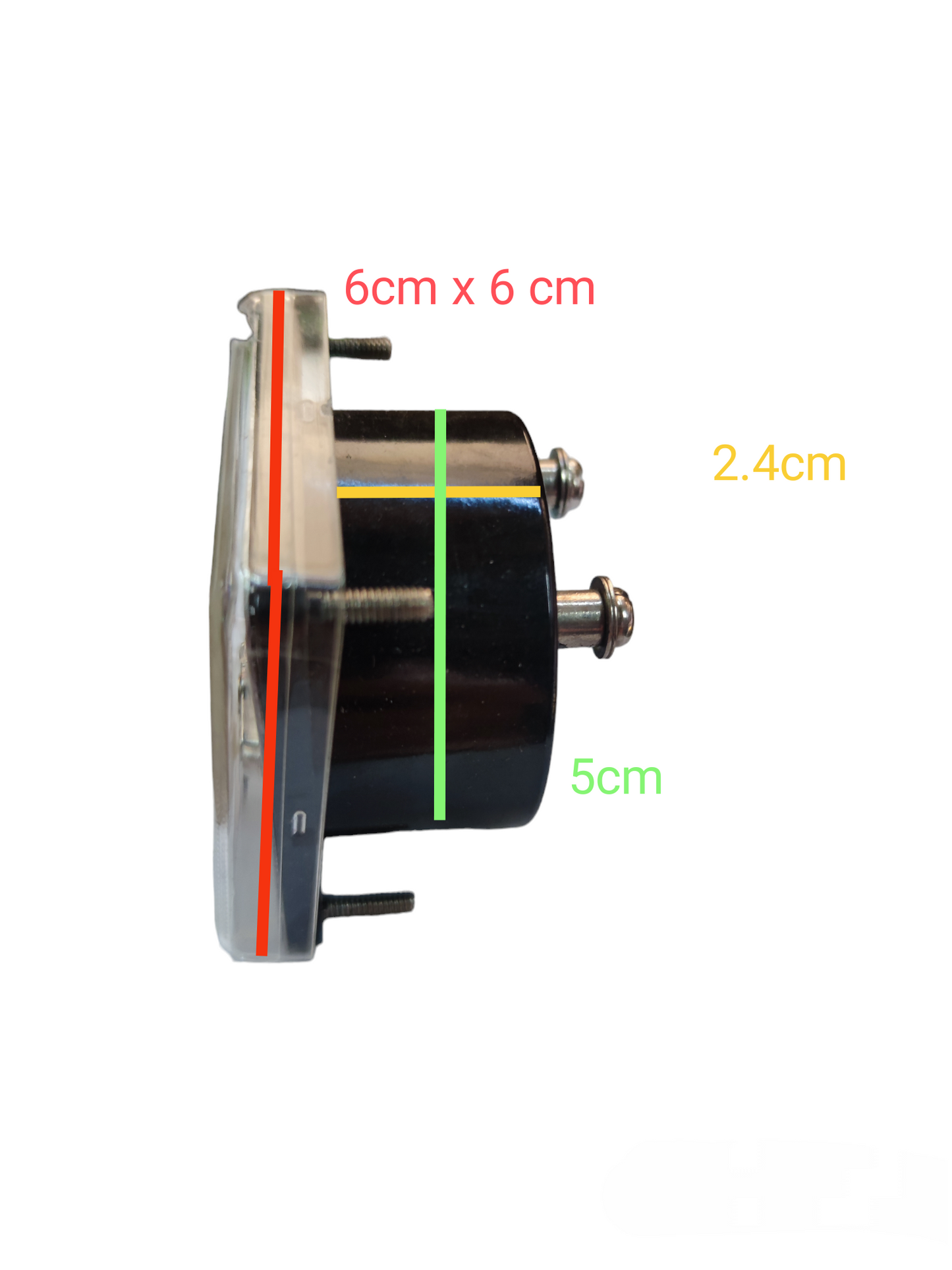 Side view of Eagle Brother 20A DC panel meter 60mm showing dimensions and mounting parts