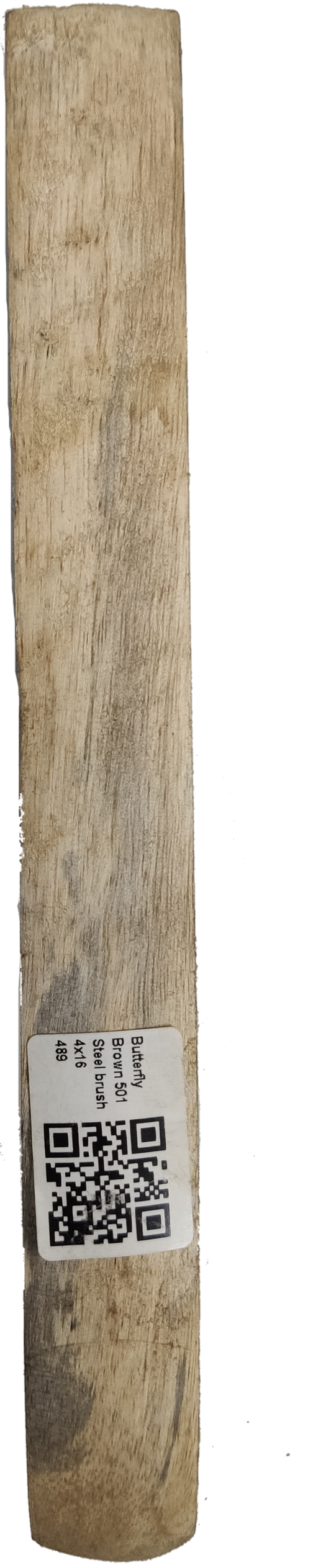 Butterfly Steel Brush handle made of worn wood with a QR code label attached