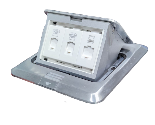 T&J CAT6 with Metal Utility Box floor outlet featuring telephone and network ports in a silver metal casing