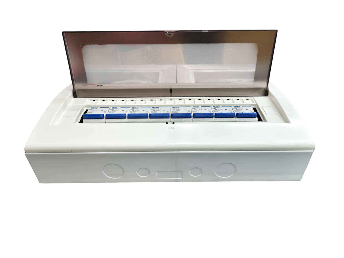 Chint panel board 125A 2 pole white distribution board with transparent hinged cover and multiple blue breakers