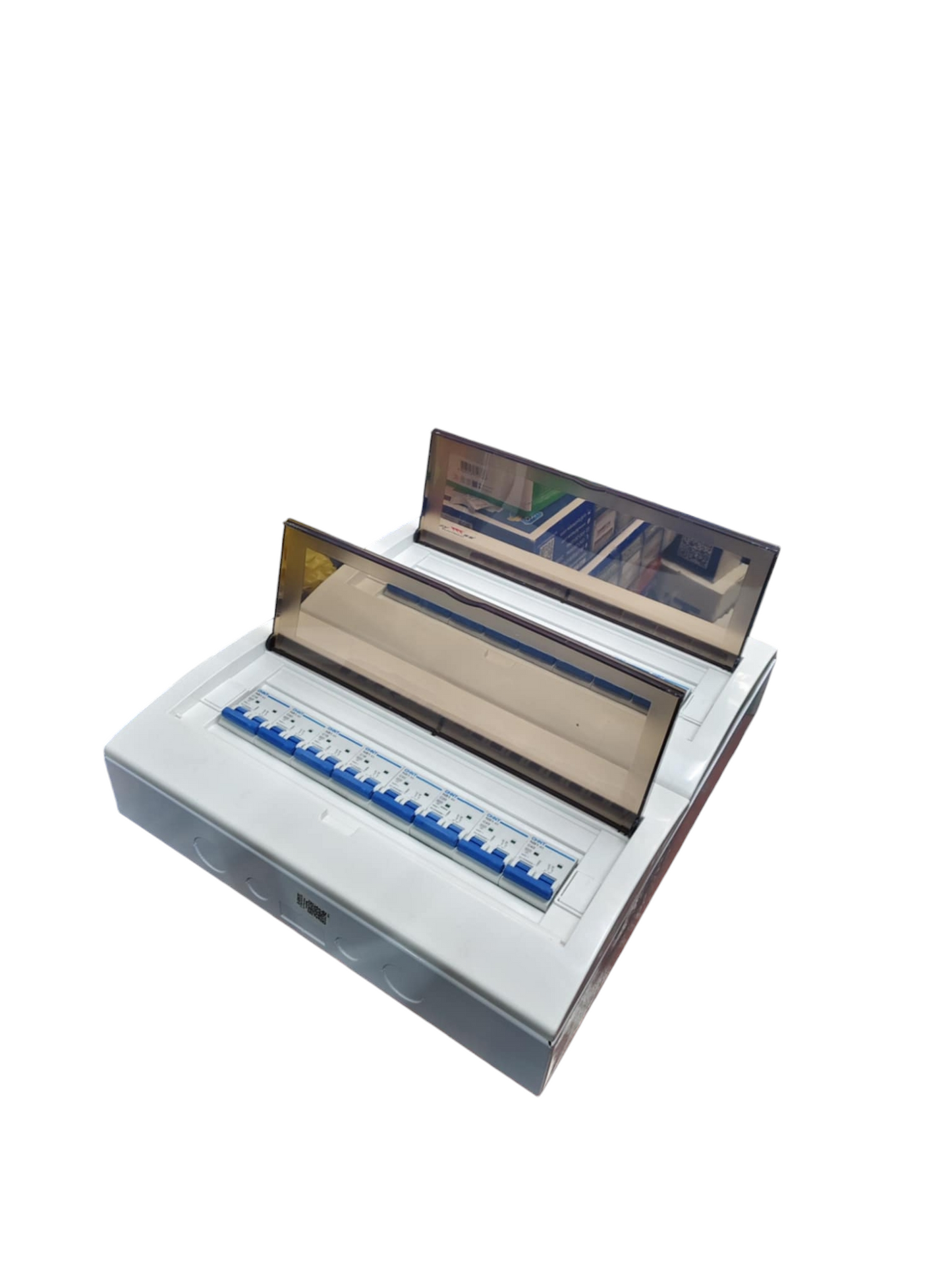 Chint NB1 Breakers Panel Board 63A 2 Pole electrical breaker panel with blue switches and transparent cover