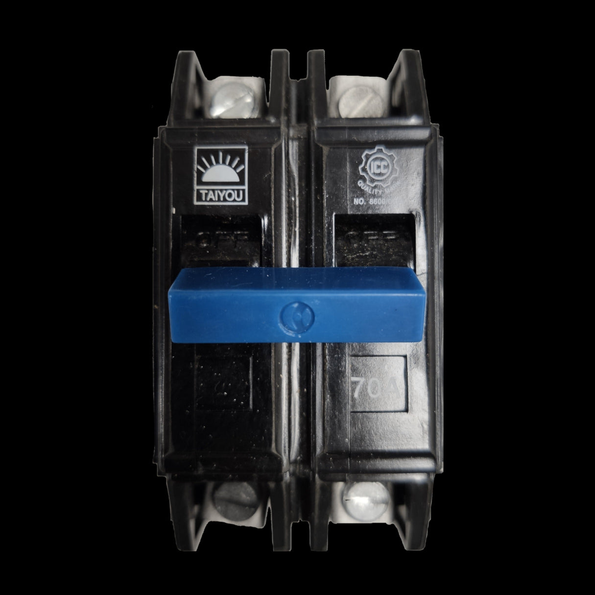 Taiyou Circuit Breaker 70A 2 Pole Bolt-on with blue switch handle for electrical protection