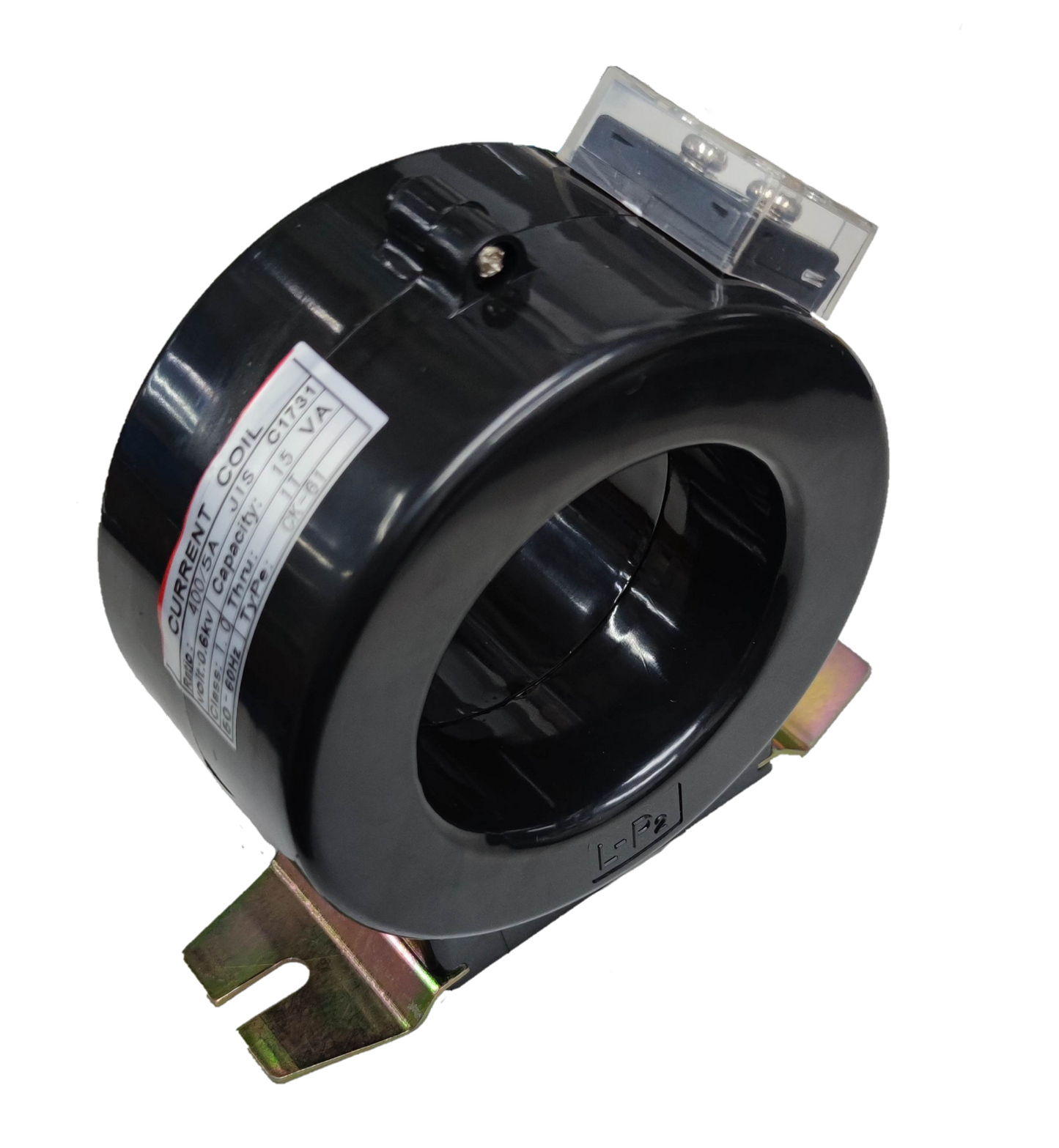 CK-61 Current Transformer 400:5 15VA black round electrical component with metal mounting bracket