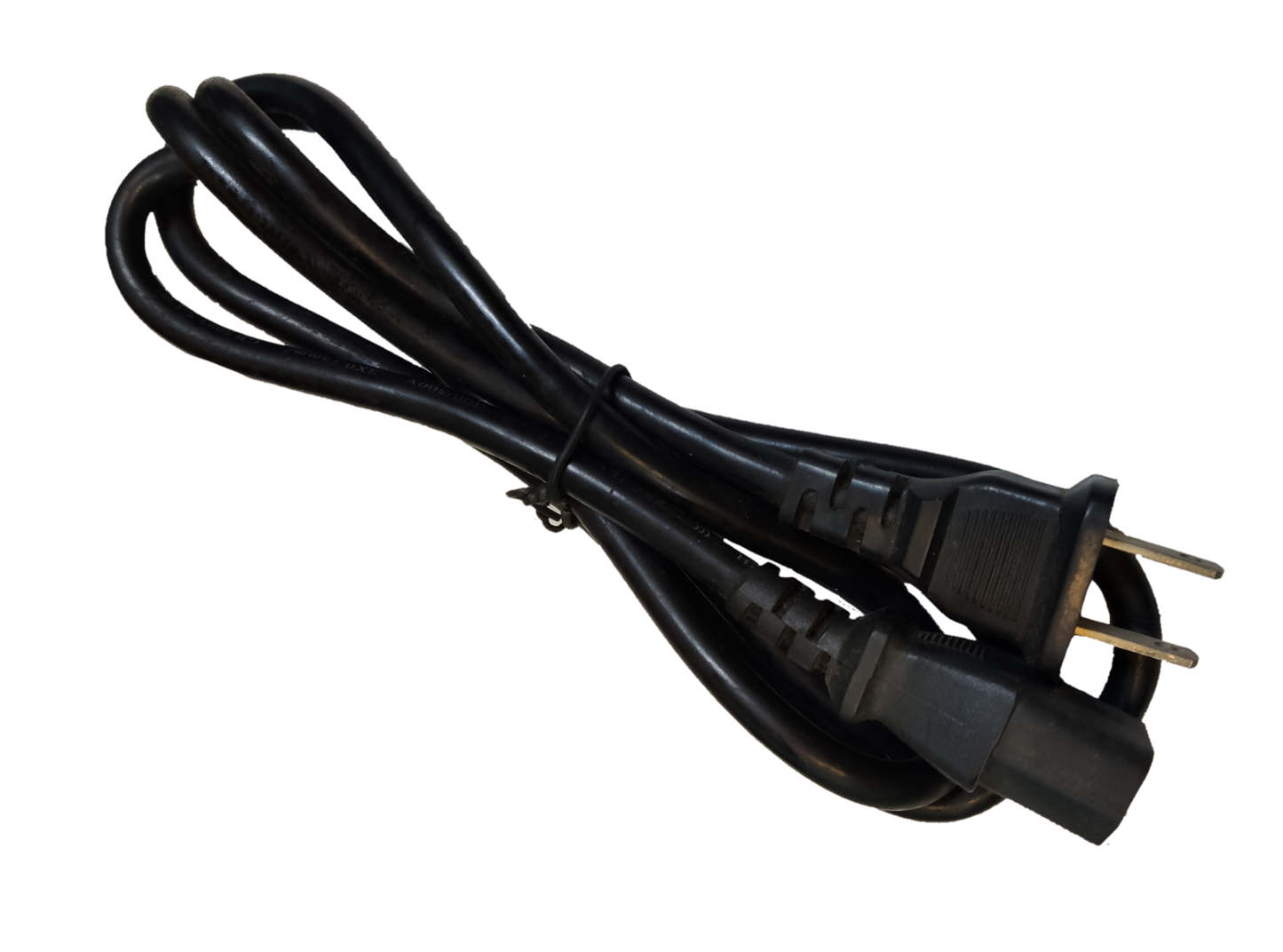 Cord C13 to Flat Pin AWG 18 black power cable with molded connectors isolated on black background