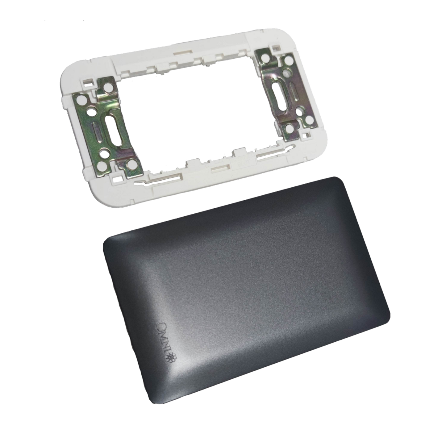 Omni designer series wall plate DWP-100G in sleek black finish with mounting frame for power outlets
