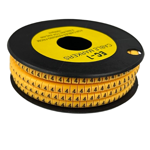 Cable Marker 4 Yellow reel of adhesive number 4 cable markers on black spool for wire labeling