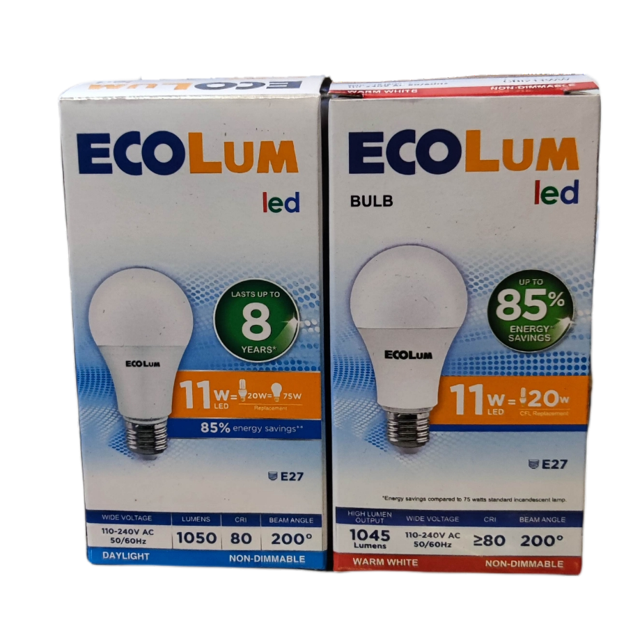 Ecolum 11W LED bulb E27 in daylight and warm white non-dimmable options with energy savings