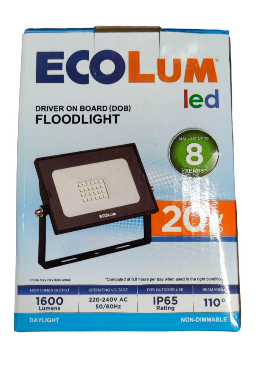 Ecolum boxed 20W LED Flood Light 220V Daylight outdoor IP65 non dimmable 1600 lumens